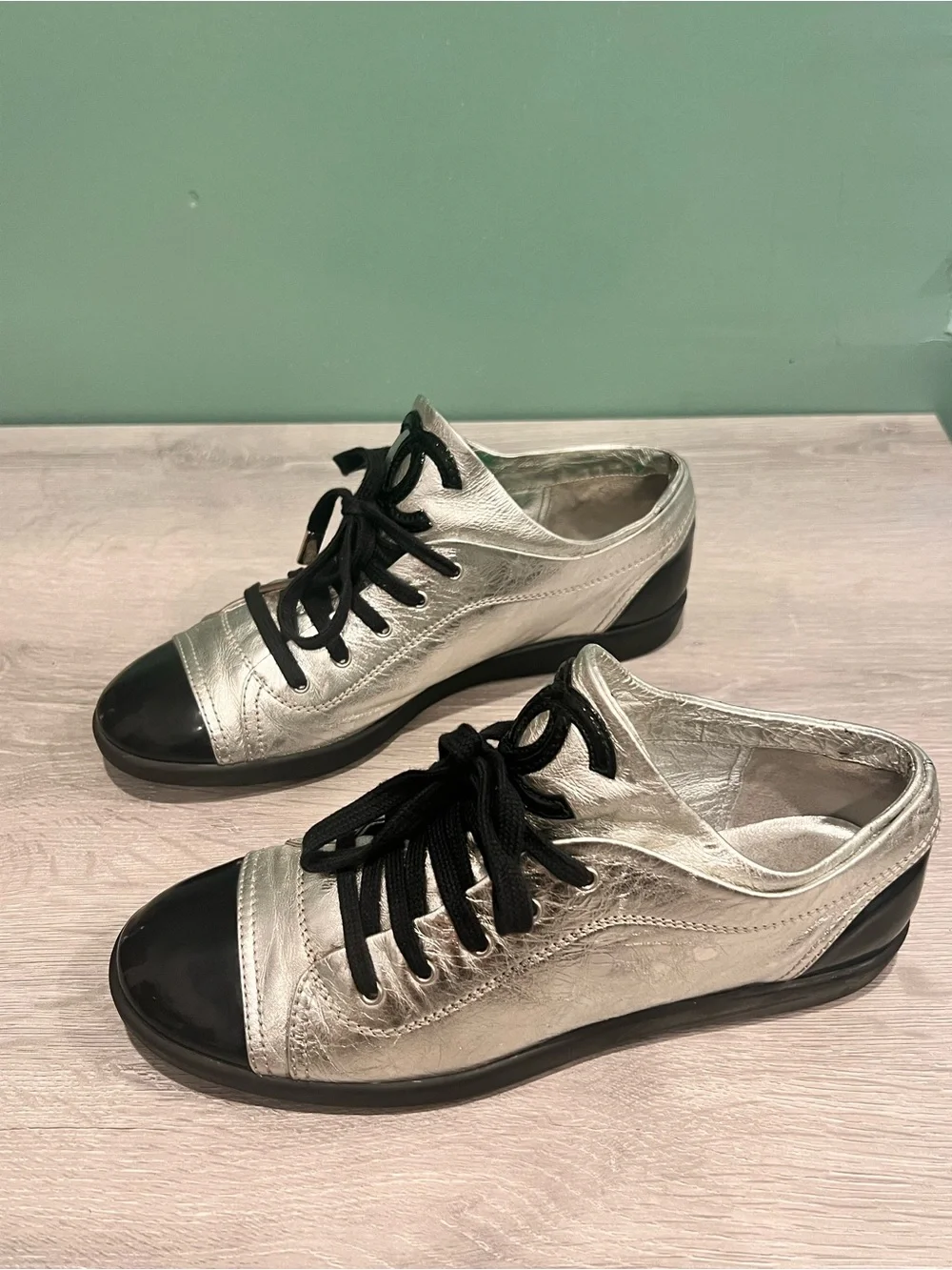 CHANEL Silver and Black Low-Top Lace-Up Sneaker